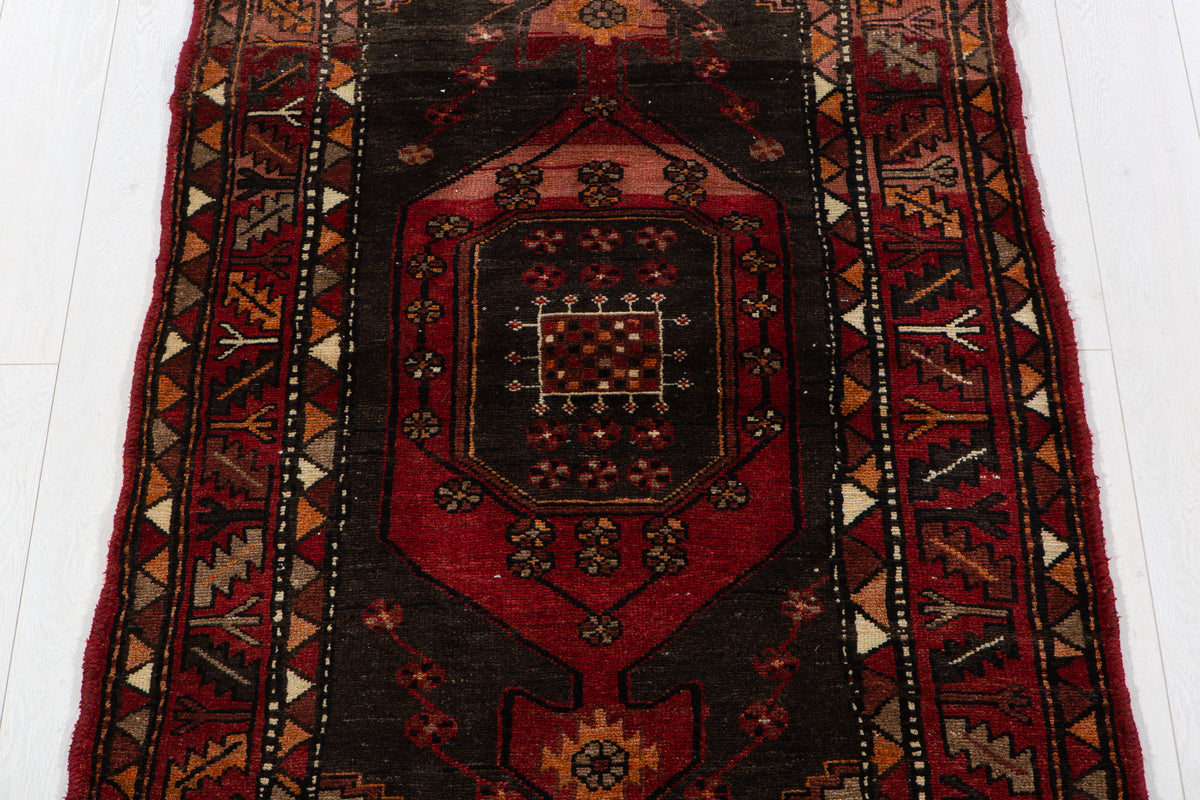 Vintage Red, Charcoal Black Hand-Knotted Wool Rug – 6' 3" x 3' 4" (190 x 102 cm)