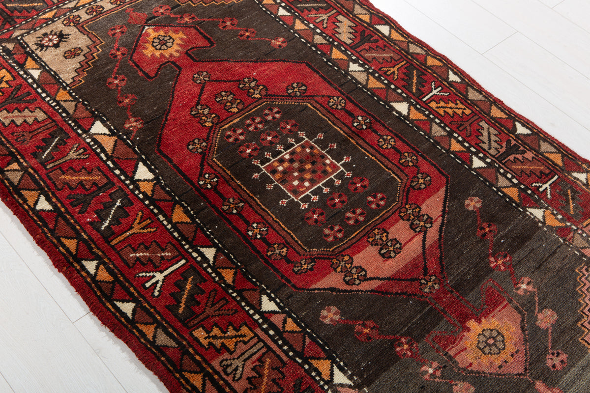 Vintage Red, Charcoal Black Hand-Knotted Wool Rug – 6' 3" x 3' 4" (190 x 102 cm)