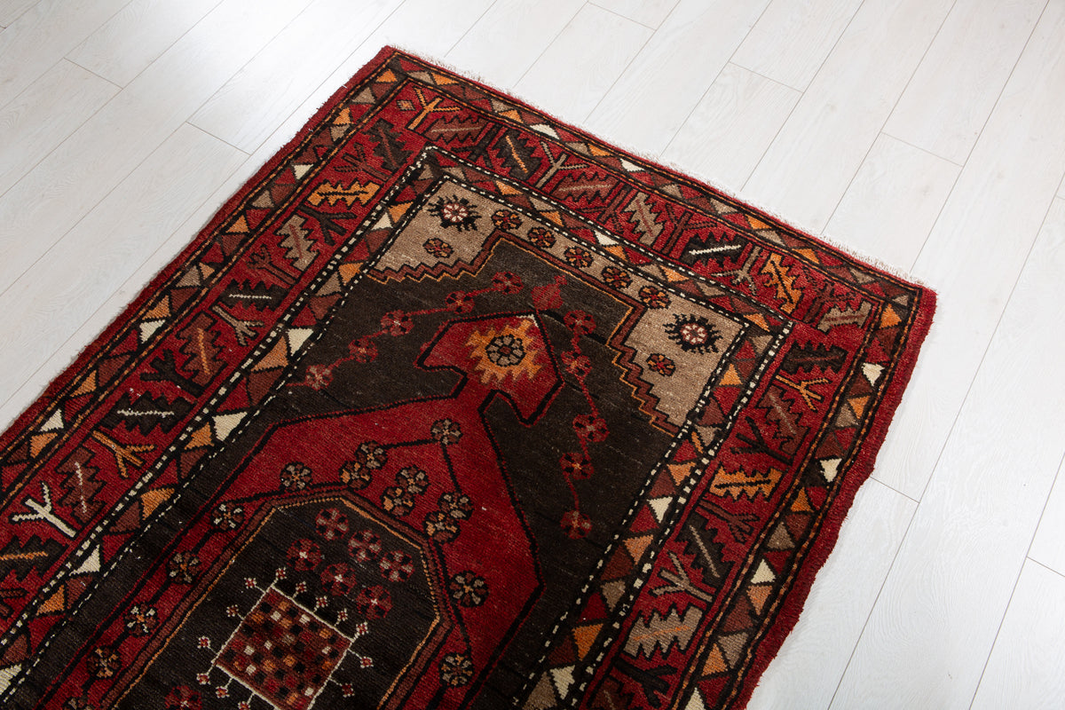 Vintage Red, Charcoal Black Hand-Knotted Wool Rug – 6' 3" x 3' 4" (190 x 102 cm)