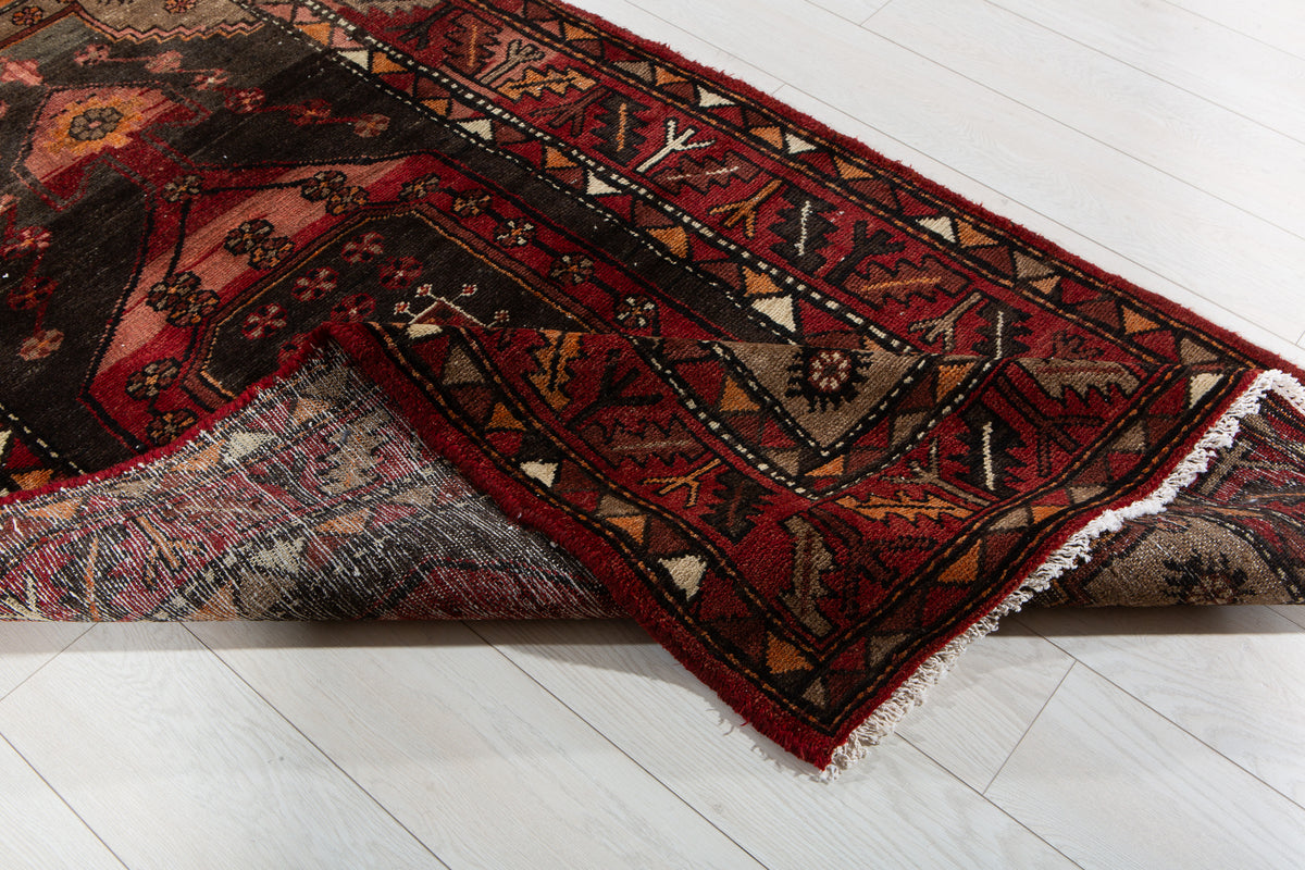 Vintage Red, Charcoal Black Hand-Knotted Wool Rug – 6' 3" x 3' 4" (190 x 102 cm)