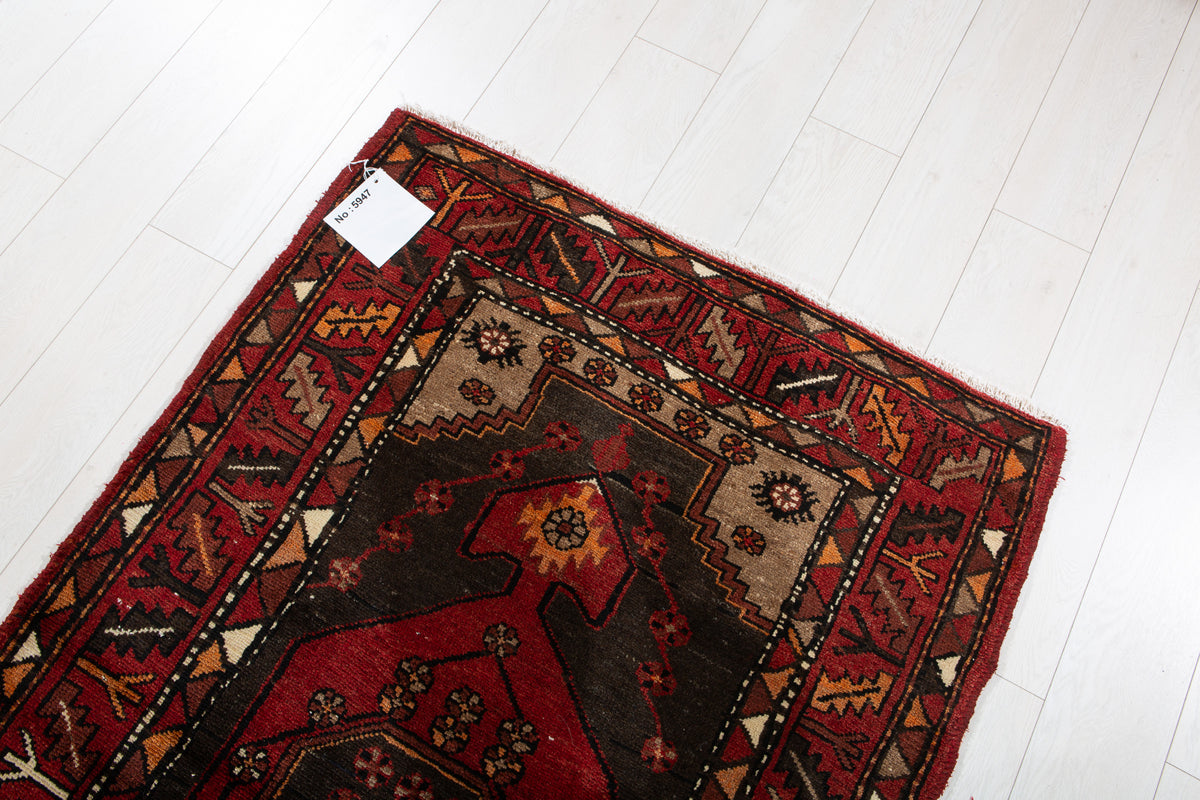 Vintage Red, Charcoal Black Hand-Knotted Wool Rug – 6' 3" x 3' 4" (190 x 102 cm)