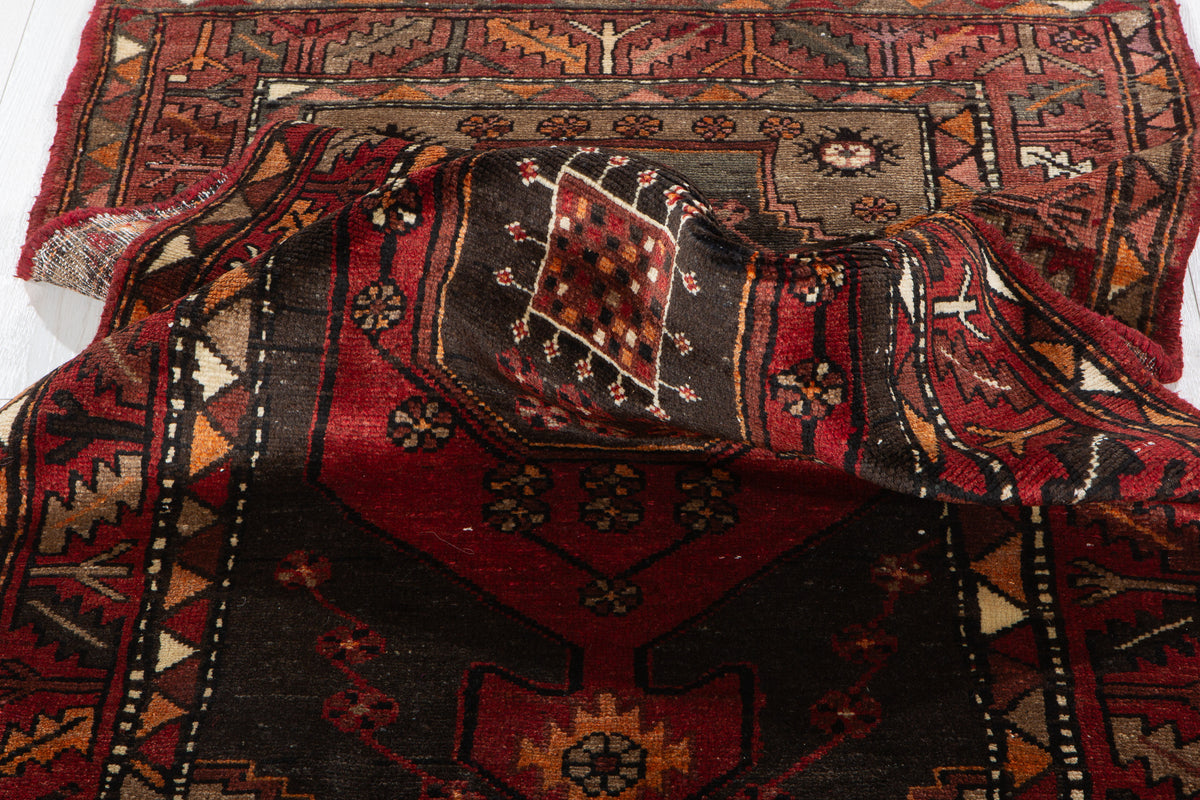 Vintage Red, Charcoal Black Hand-Knotted Wool Rug – 6' 3" x 3' 4" (190 x 102 cm)