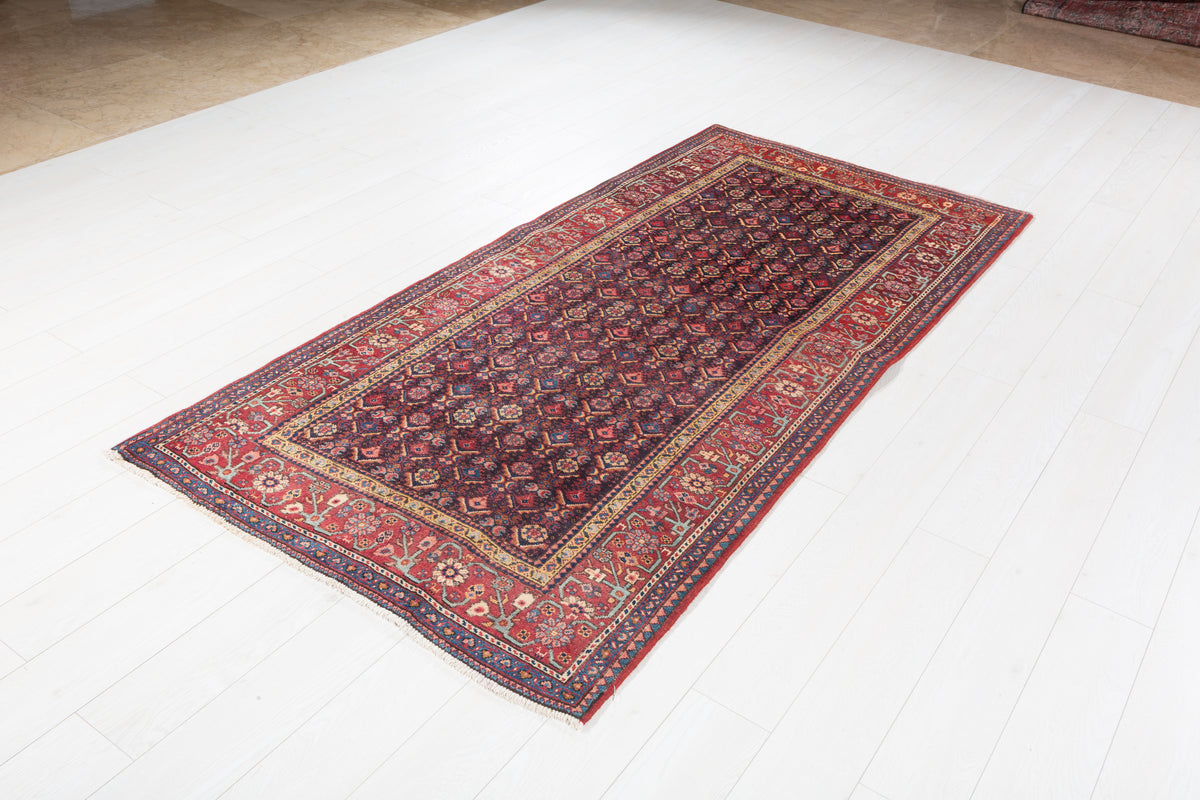 Rare Semi-Antique Allover Hand-Knotted Wool Rug, Muted Navy Blue – 7' 9" x 3' 8" (237 x 112 cm)