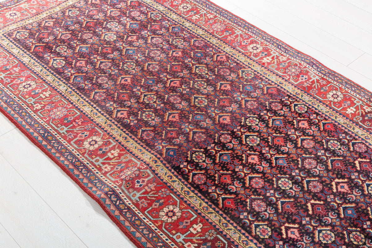 Rare Semi-Antique Allover Hand-Knotted Wool Rug, Muted Navy Blue – 7' 9" x 3' 8" (237 x 112 cm)