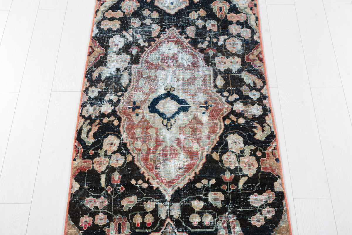 Antique Distressed Floral Wool Runner, Faded Black, Blush & Beige – 8' 2" x 2' 9" (248 x 84 cm)