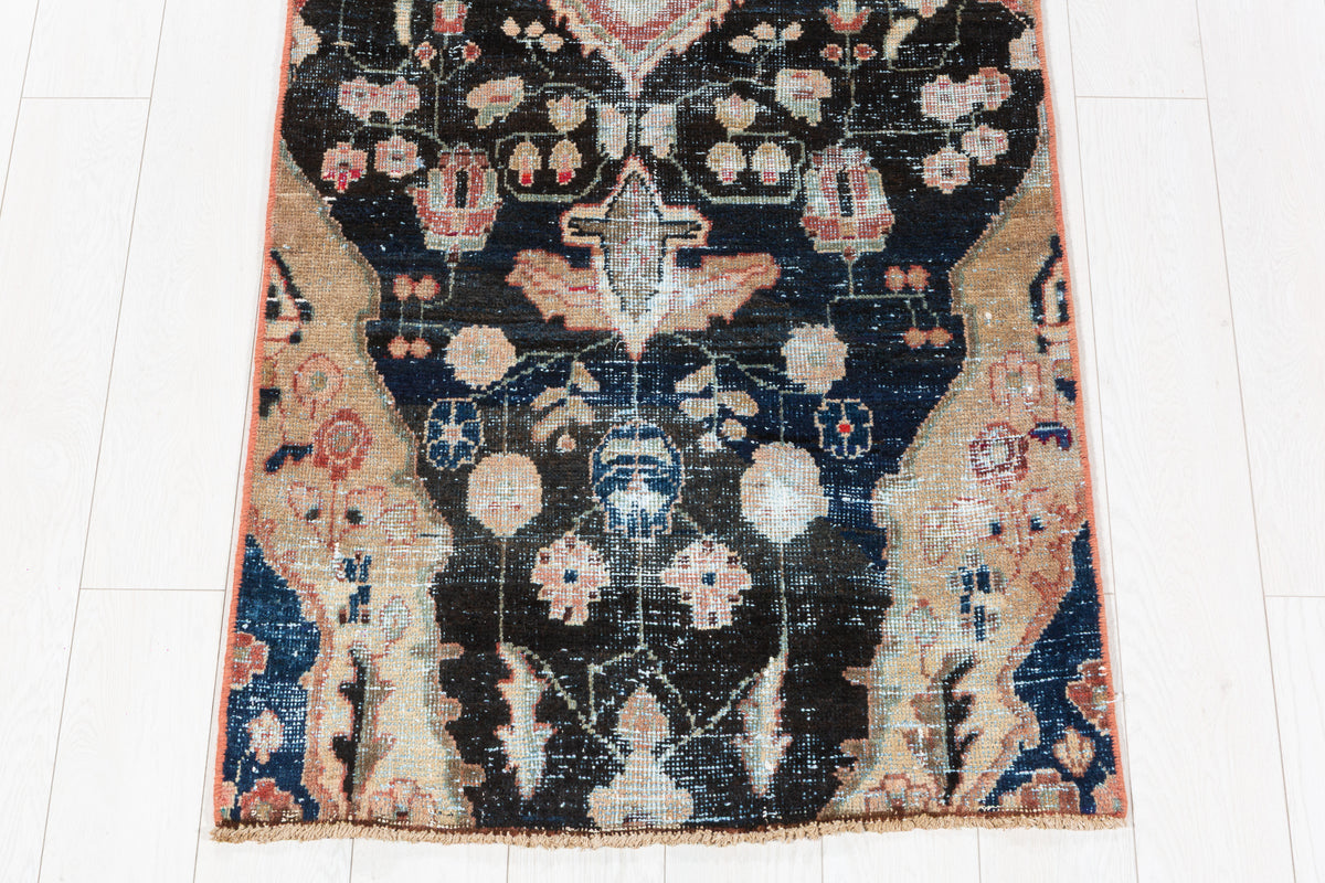 Antique Distressed Floral Wool Runner, Faded Black, Blush & Beige – 8' 2" x 2' 9" (248 x 84 cm)