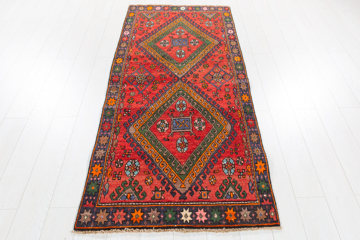 Semi-Antique Bold Geometric Hand-Knotted Wool Rug, Red & Green – 7' 0" x 3' 1" (213 x 94 cm)