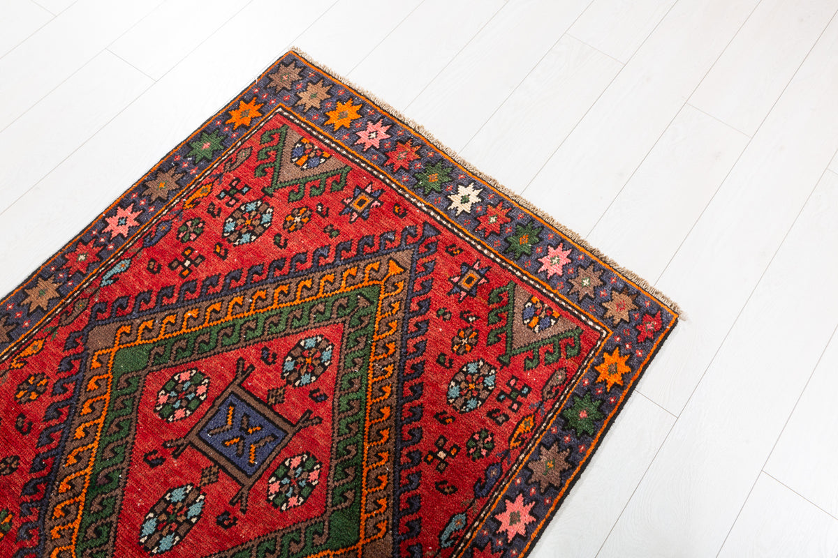 Semi-Antique Bold Geometric Hand-Knotted Wool Rug, Red & Green – 7' 0" x 3' 1" (213 x 94 cm)