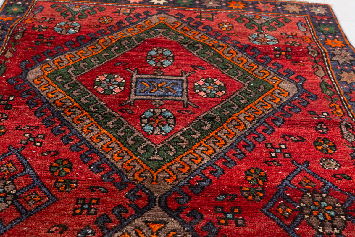Semi-Antique Bold Geometric Hand-Knotted Wool Rug, Red & Green – 7' 0" x 3' 1" (213 x 94 cm)
