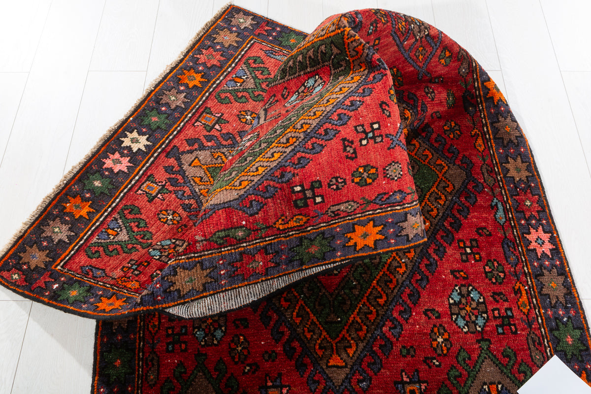 Semi-Antique Bold Geometric Hand-Knotted Wool Rug, Red & Green – 7' 0" x 3' 1" (213 x 94 cm)