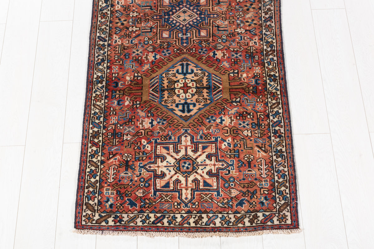Vintage Narrow Geometric Wool Runner, Bright Red – 10' 0" x 2' 8" (304 x 80 cm)