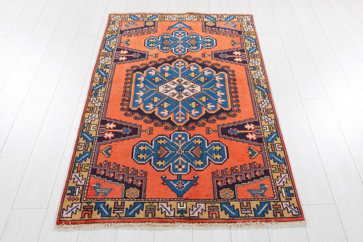Small Vintage Orange-Red & Blue Rug – 5' 0" x 3' 2" (152 x 97 cm)