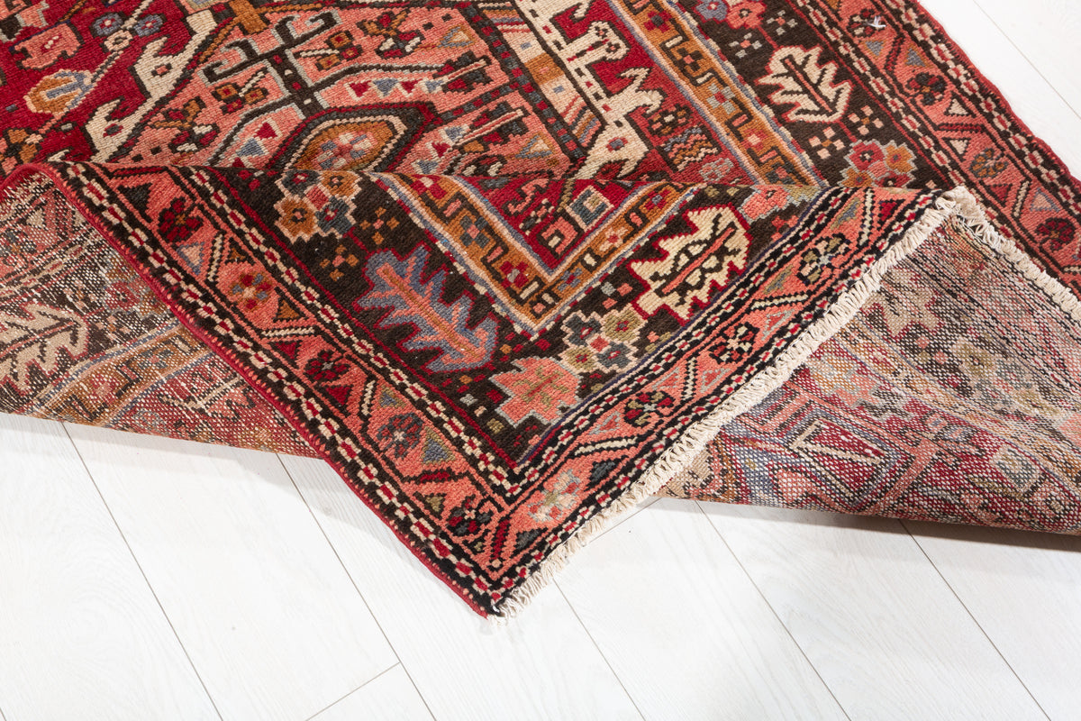 Semi-Antique Geometric Wool Runner, Red – 12' 10" x 3' 11" (390 x 119 cm)