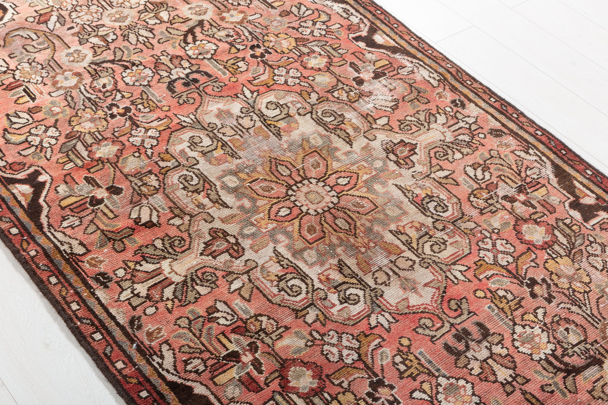 Antique Floral Hand-Knotted Wool Rug, Faded Red – 8' 4" x 3' 9" (254 x 114 cm)