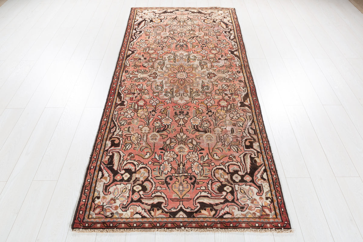 Antique Floral Hand-Knotted Wool Rug, Faded Red – 8' 4" x 3' 9" (254 x 114 cm)