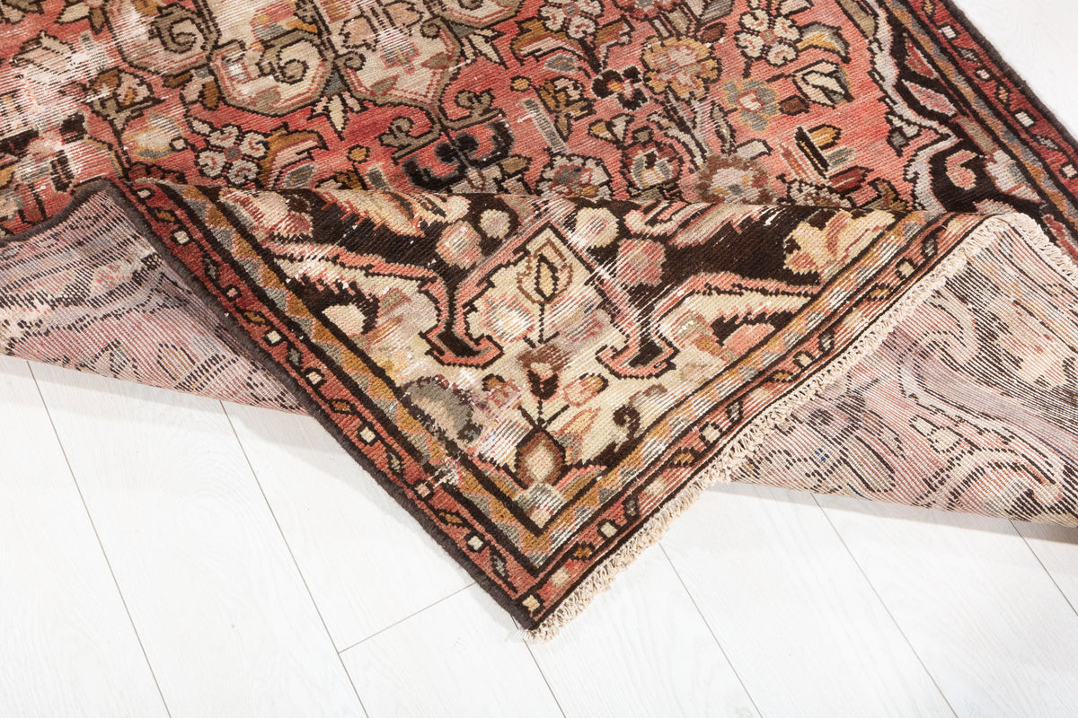 Antique Floral Hand-Knotted Wool Rug, Faded Red – 8' 4" x 3' 9" (254 x 114 cm)