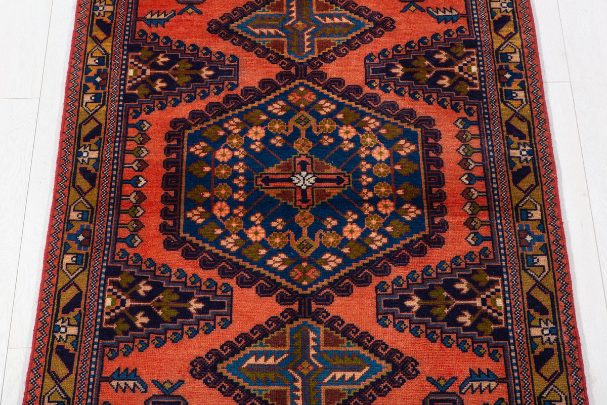 Small Vintage Orange-Red & Blue Rug – 5' 3" x 3' 5" (159 x 105 cm)