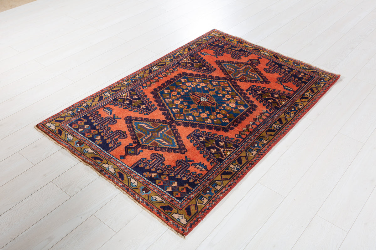Small Vintage Orange-Red & Blue Rug – 5' 3" x 3' 5" (159 x 105 cm)
