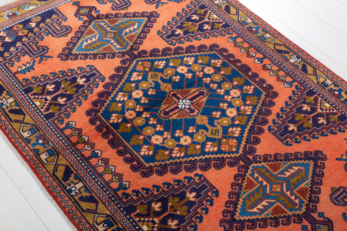 Small Vintage Orange-Red & Blue Rug – 5' 3" x 3' 5" (159 x 105 cm)