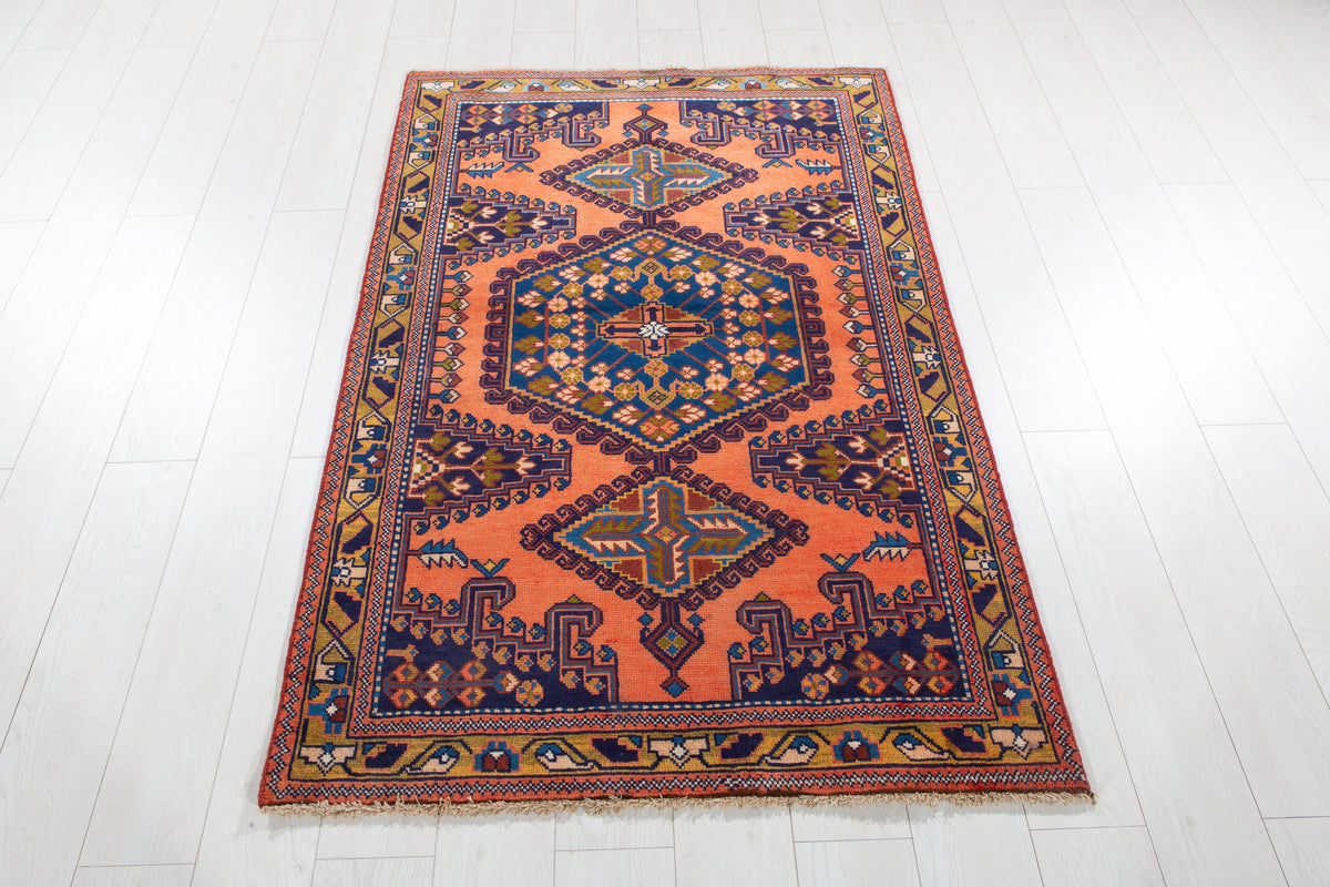 Small Vintage Orange-Red & Blue Rug – 5' 3" x 3' 5" (159 x 105 cm)