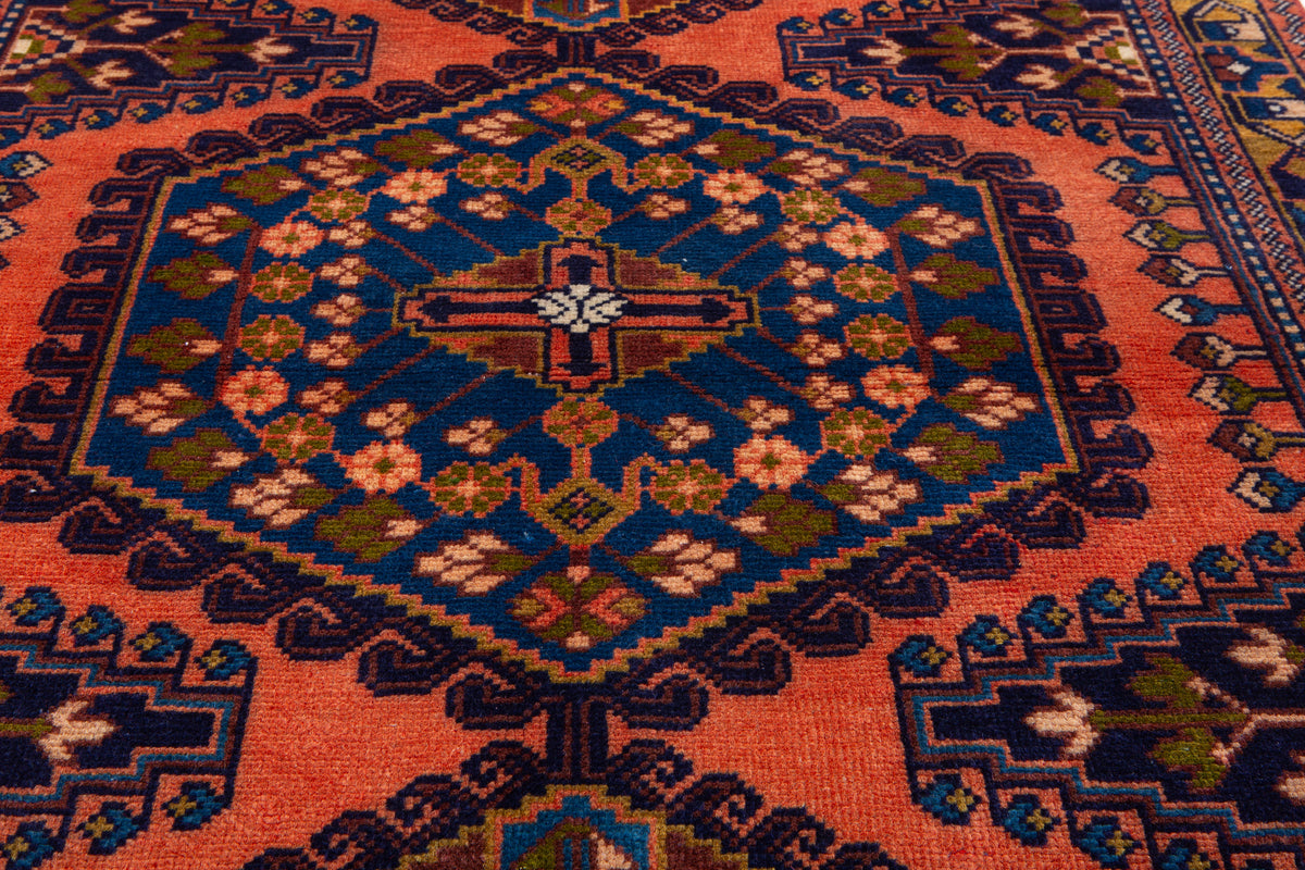Small Vintage Orange-Red & Blue Rug – 5' 3" x 3' 5" (159 x 105 cm)
