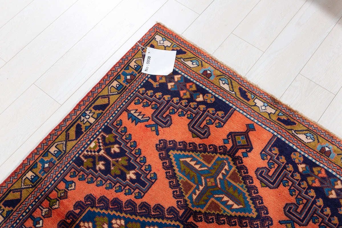 Small Vintage Orange-Red & Blue Rug – 5' 3" x 3' 5" (159 x 105 cm)