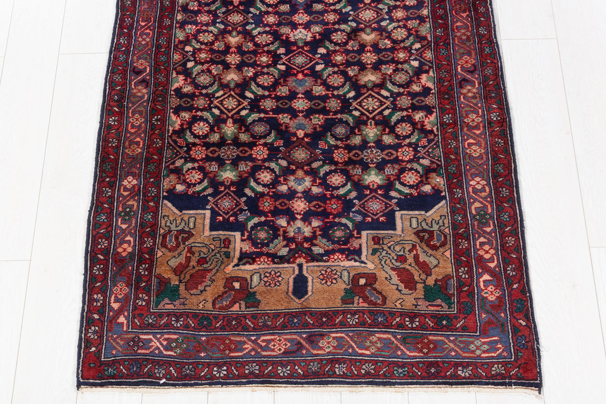 Vintage Herati Medallion Wool Runner, Deep Navy Blue & Red – 9' 7" x 3' 4" (293 x 101 cm)