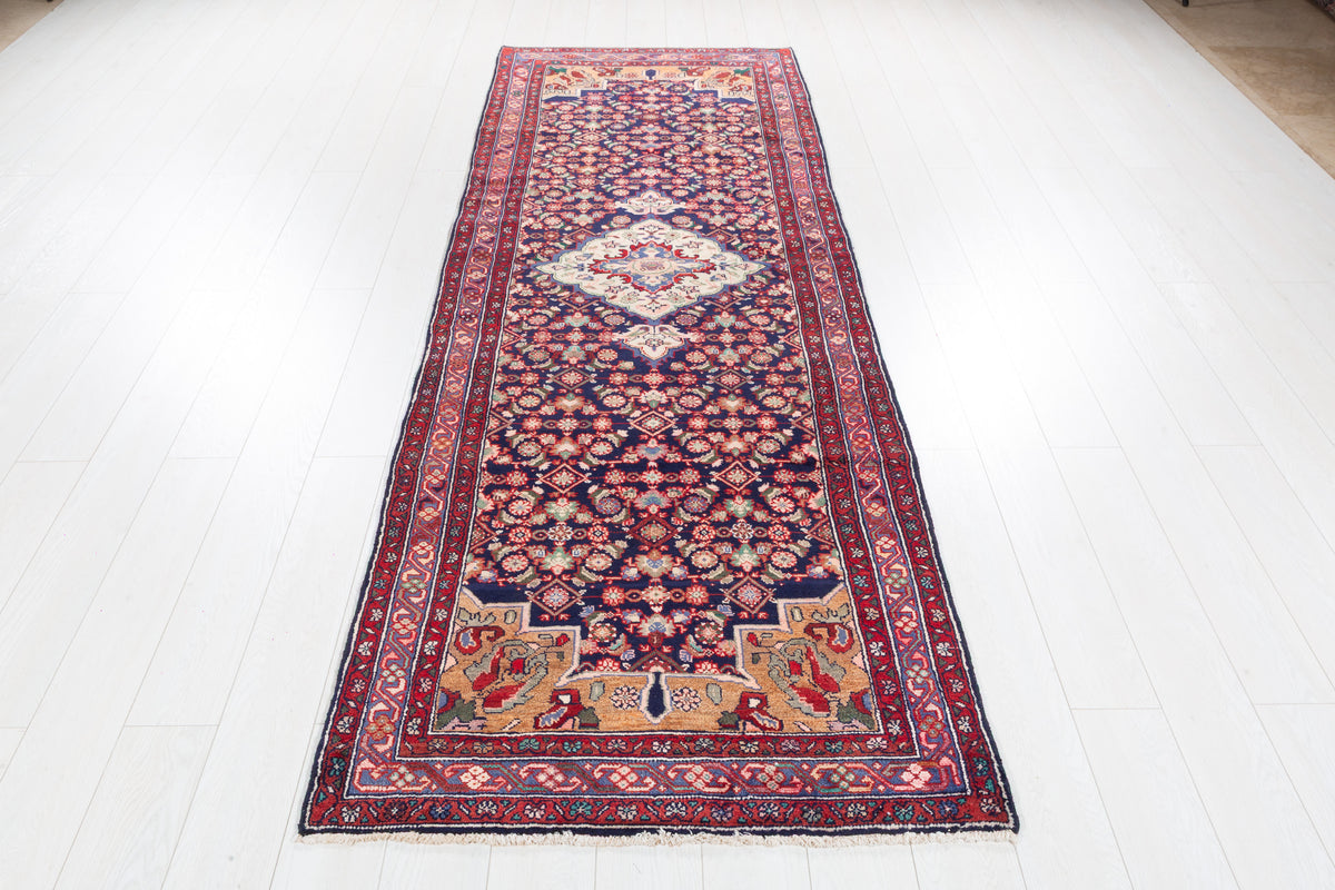 Vintage Herati Medallion Wool Runner, Deep Navy Blue & Red – 9' 7" x 3' 4" (293 x 101 cm)