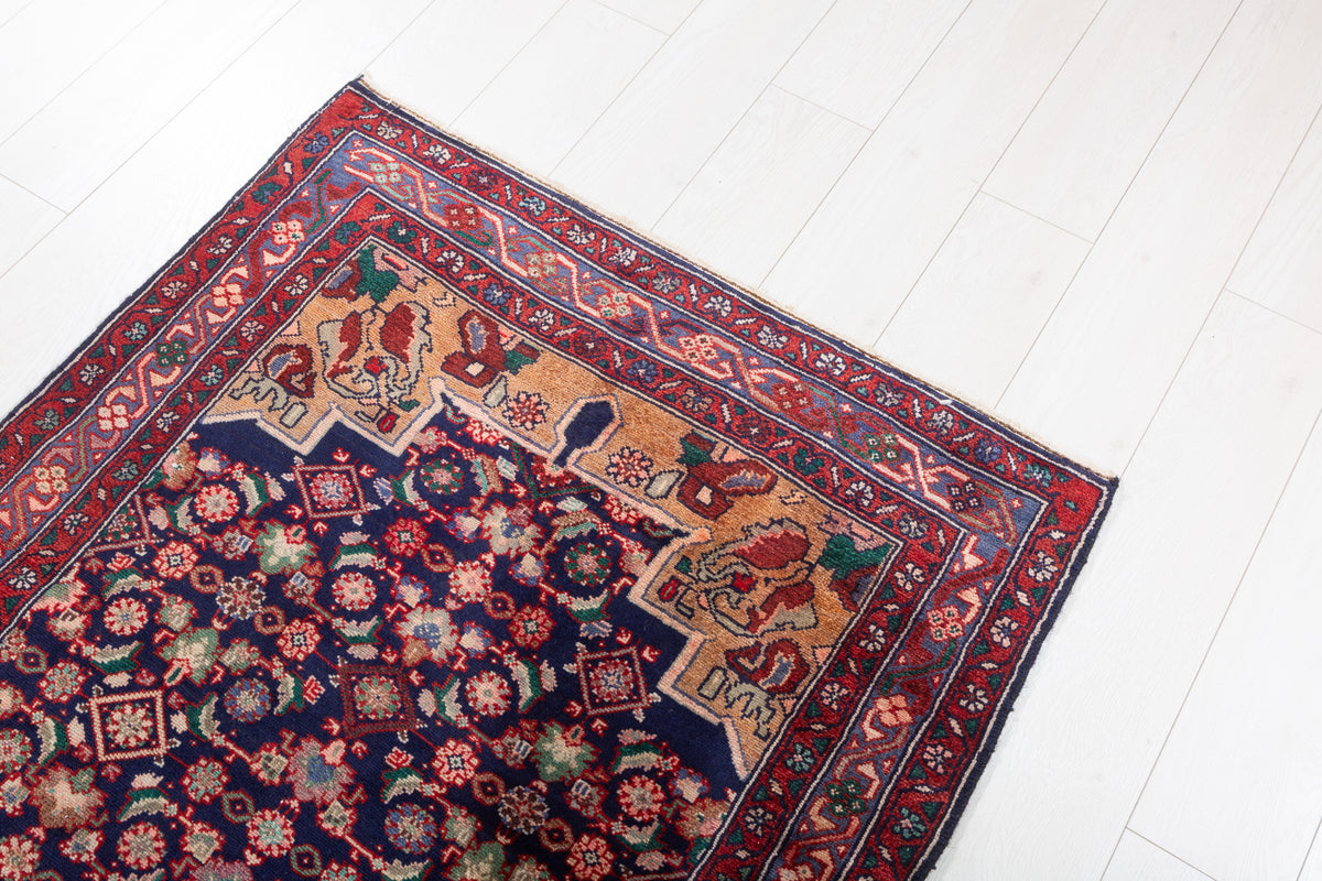 Vintage Herati Medallion Wool Runner, Deep Navy Blue & Red – 9' 7" x 3' 4" (293 x 101 cm)