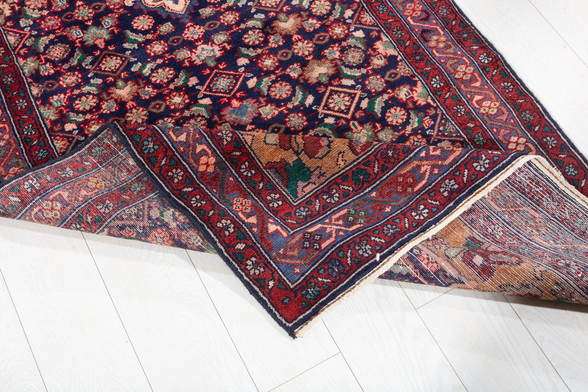 Vintage Herati Medallion Wool Runner, Deep Navy Blue & Red – 9' 7" x 3' 4" (293 x 101 cm)