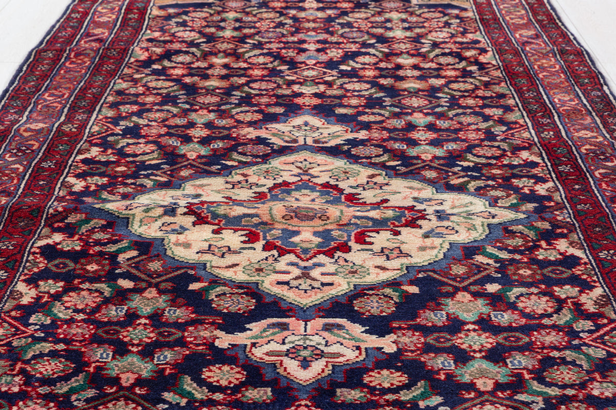 Vintage Herati Medallion Wool Runner, Deep Navy Blue & Red – 9' 7" x 3' 4" (293 x 101 cm)