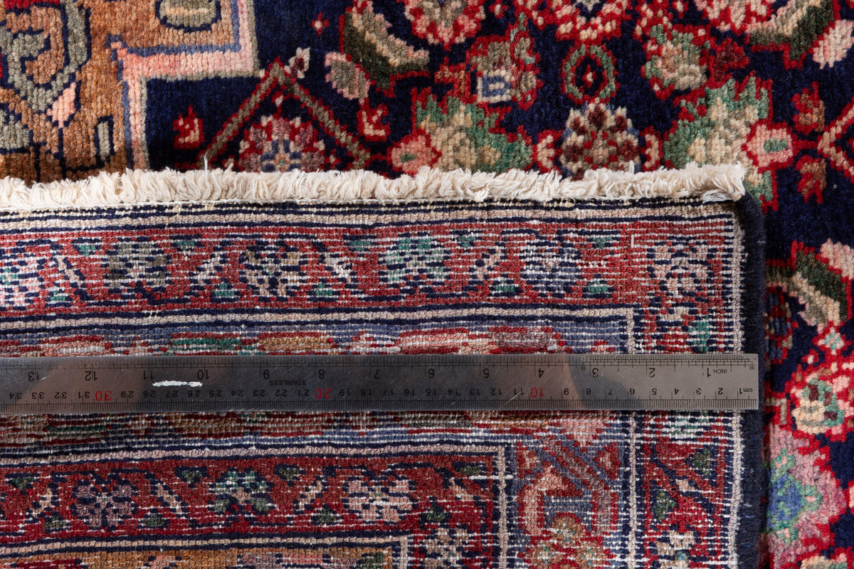 Vintage Herati Medallion Wool Runner, Deep Navy Blue & Red – 9' 7" x 3' 4" (293 x 101 cm)