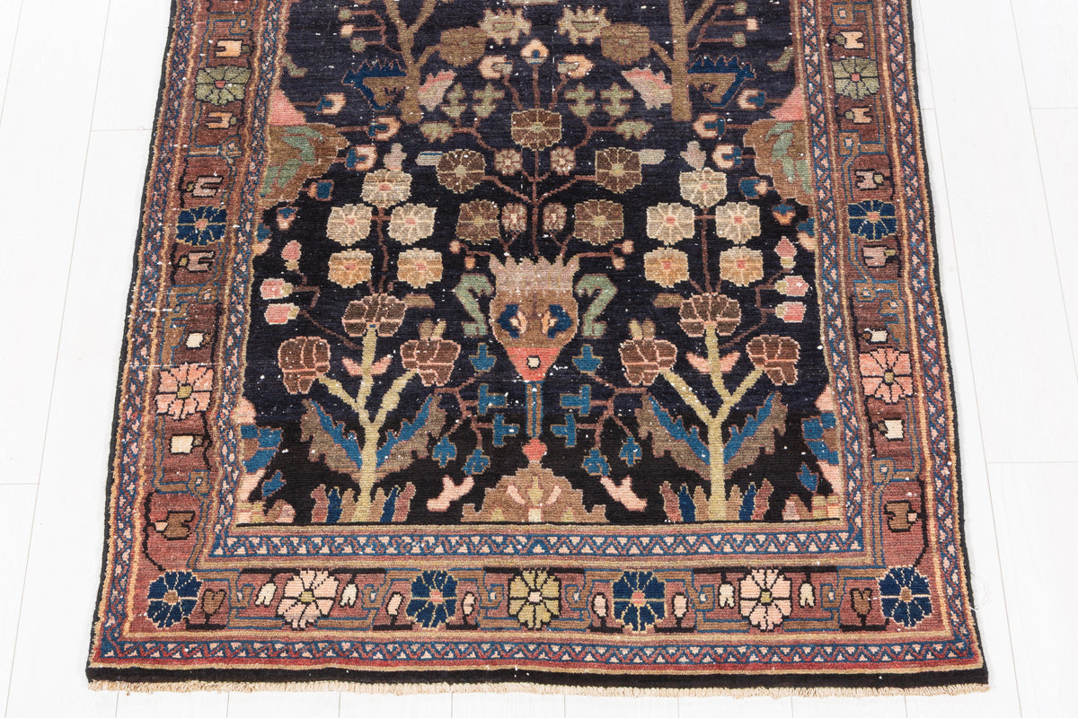 Antique Floral Medallion Wool Rug, Deep Navy Blue & Rust Red – 8' 9" x 3' 11" (266 x 119 cm)