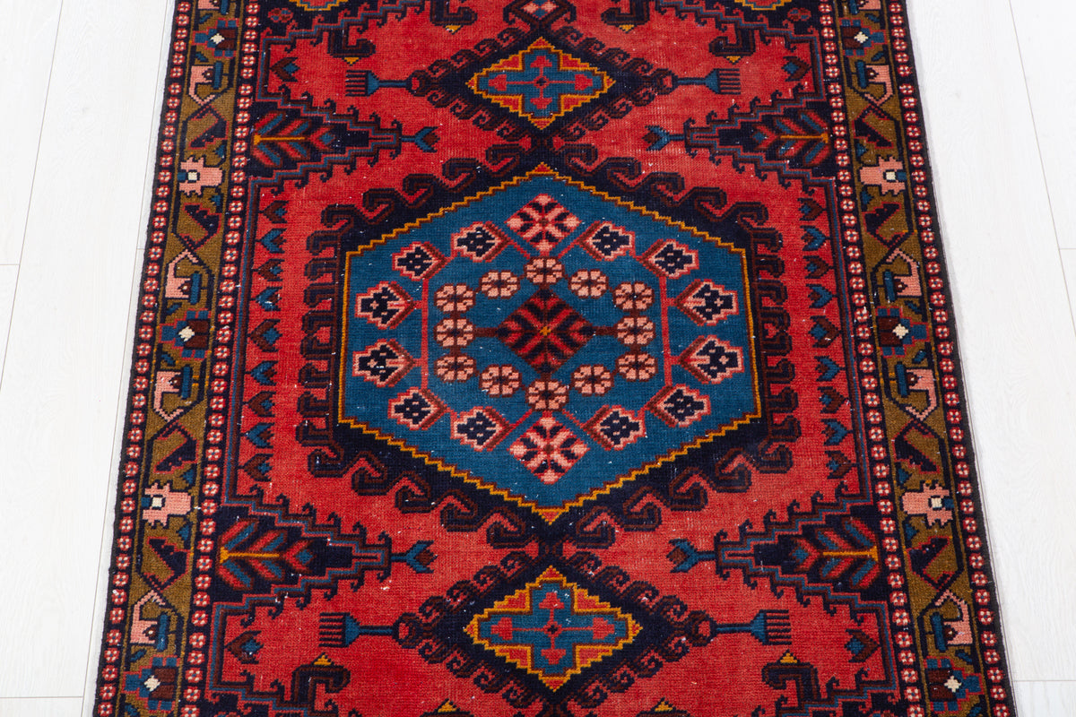 Small Vintage Orange-Red & Blue Rug – 5' 0" x 3' 3" (152 x 100 cm)