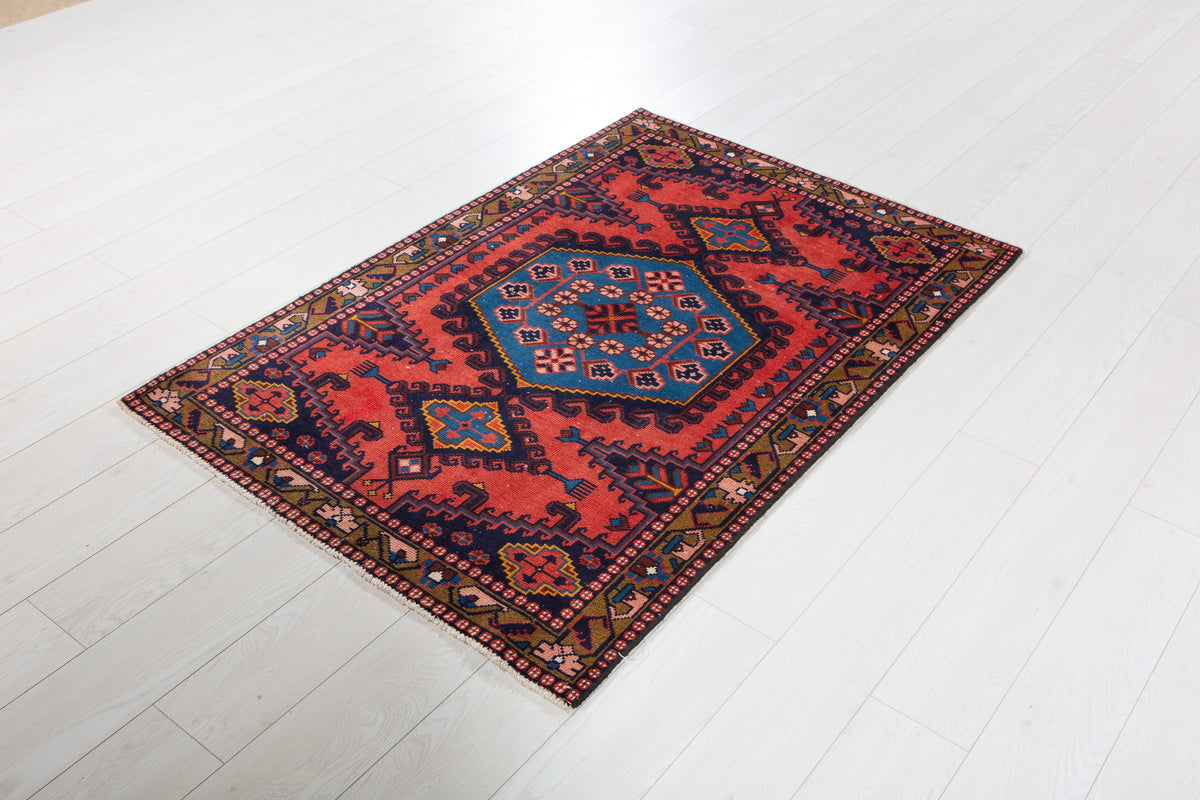 Small Vintage Orange-Red & Blue Rug – 5' 0" x 3' 3" (152 x 100 cm)