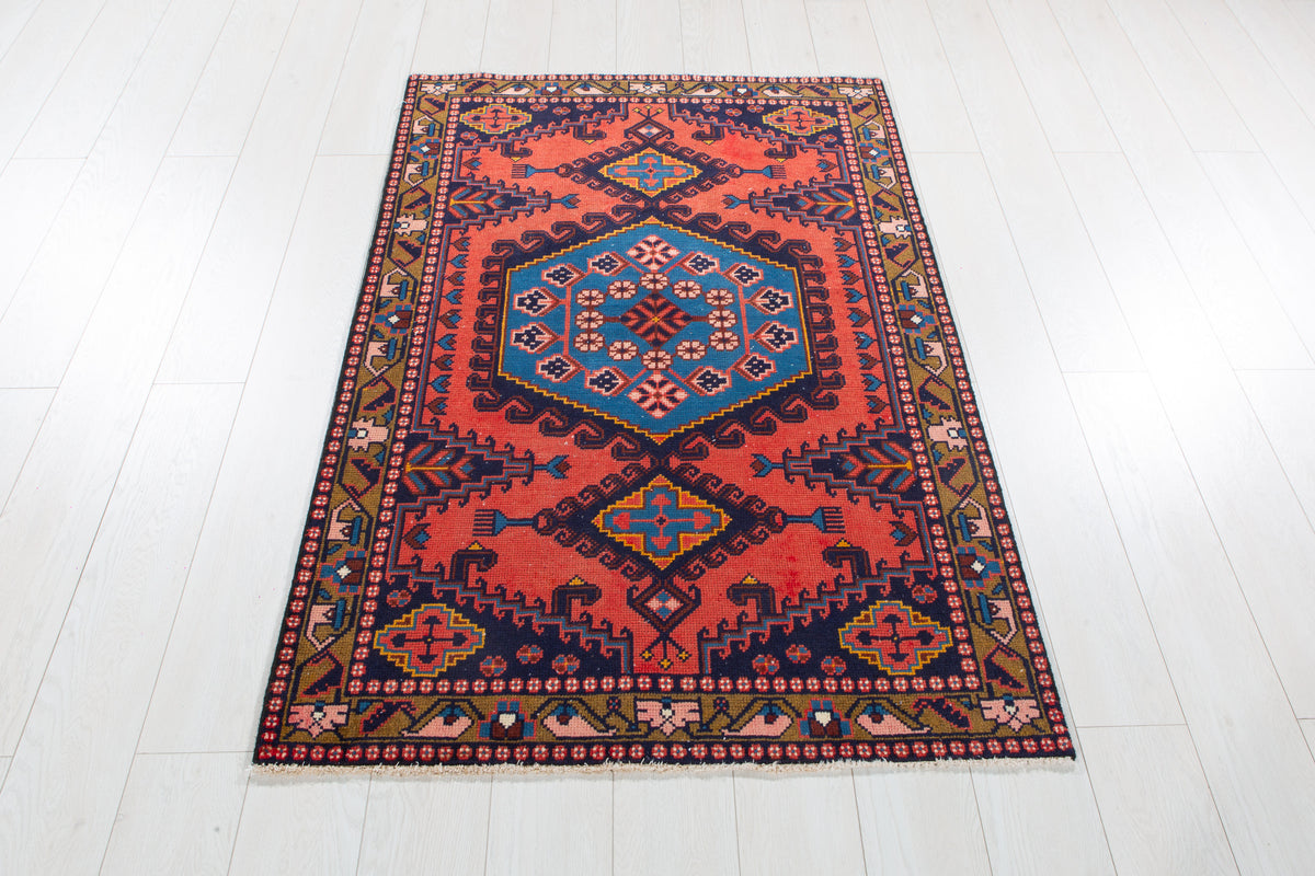 Small Vintage Orange-Red & Blue Rug – 5' 0" x 3' 3" (152 x 100 cm)