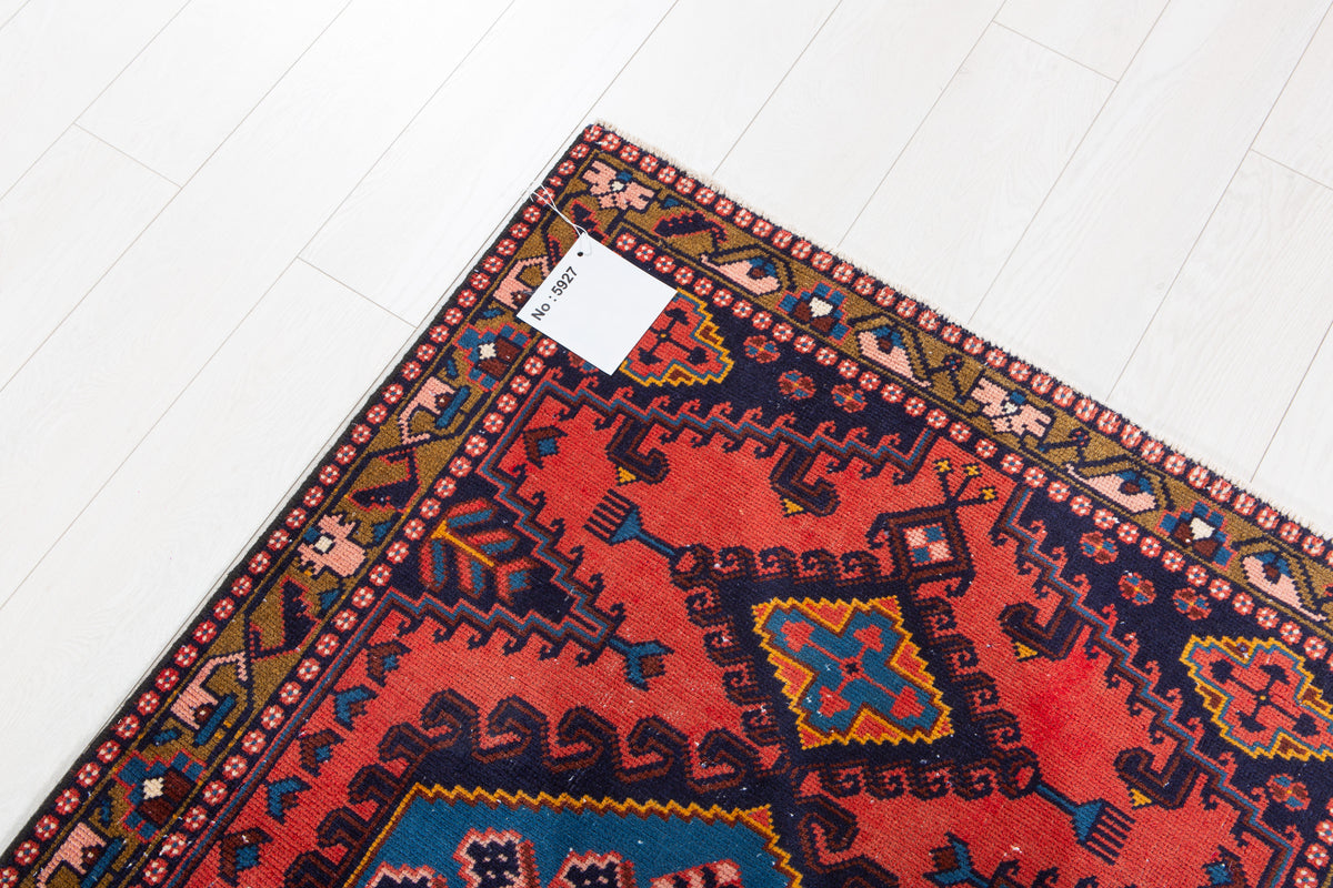 Small Vintage Orange-Red & Blue Rug – 5' 0" x 3' 3" (152 x 100 cm)