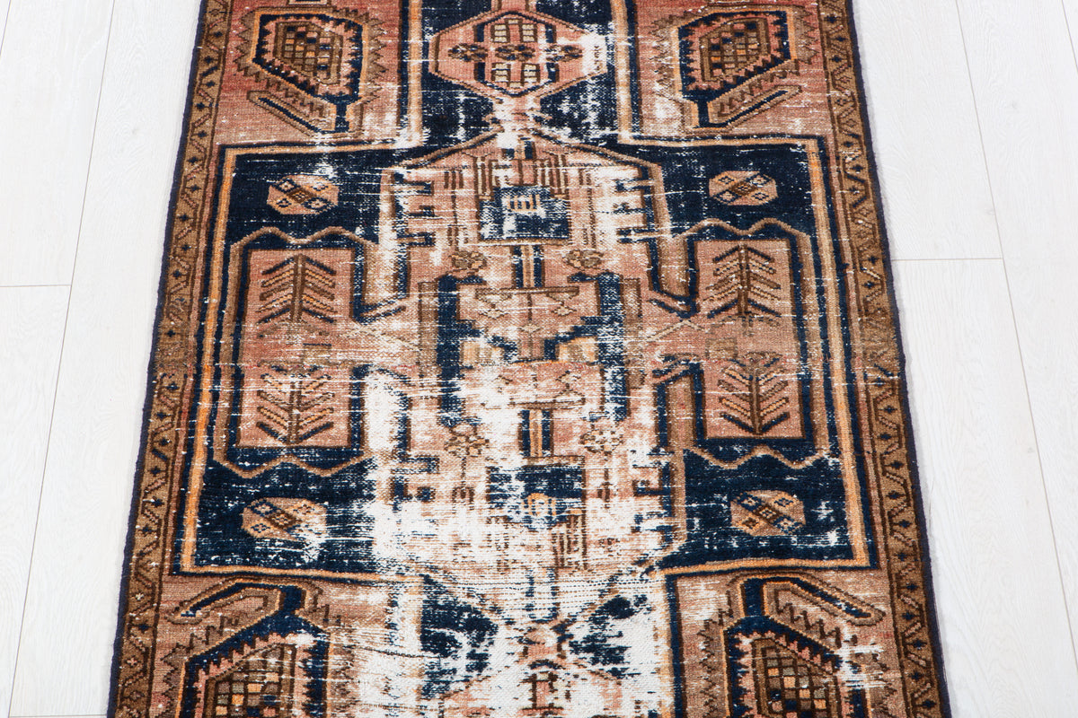Small Antique Rust & Navy Blue Rug – 5' 0" x 2' 11" (153 x 90 cm)