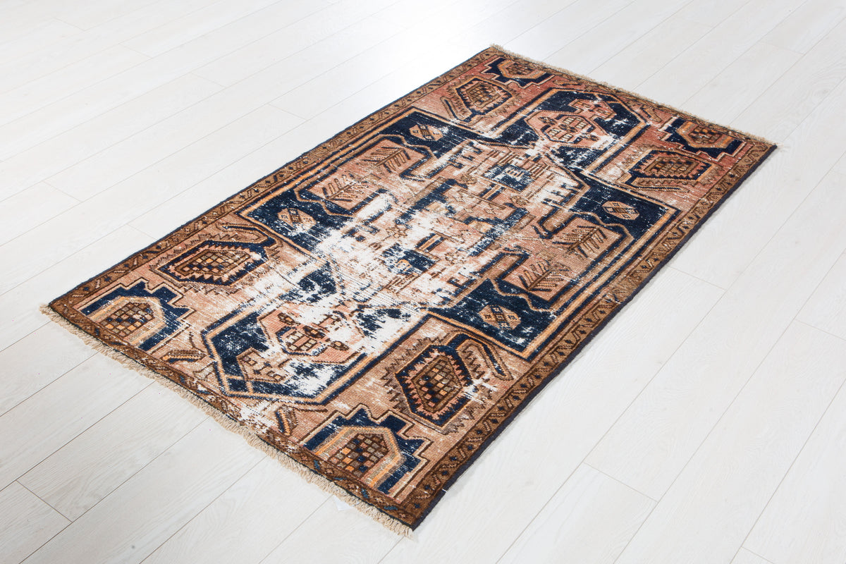 Small Antique Rust & Navy Blue Rug – 5' 0" x 2' 11" (153 x 90 cm)