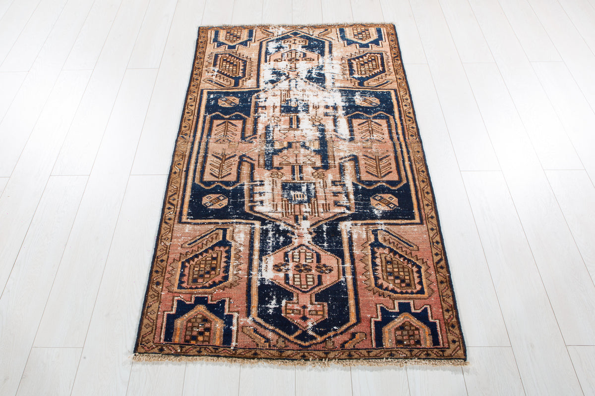 Small Antique Rust & Navy Blue Rug – 5' 0" x 2' 11" (153 x 90 cm)