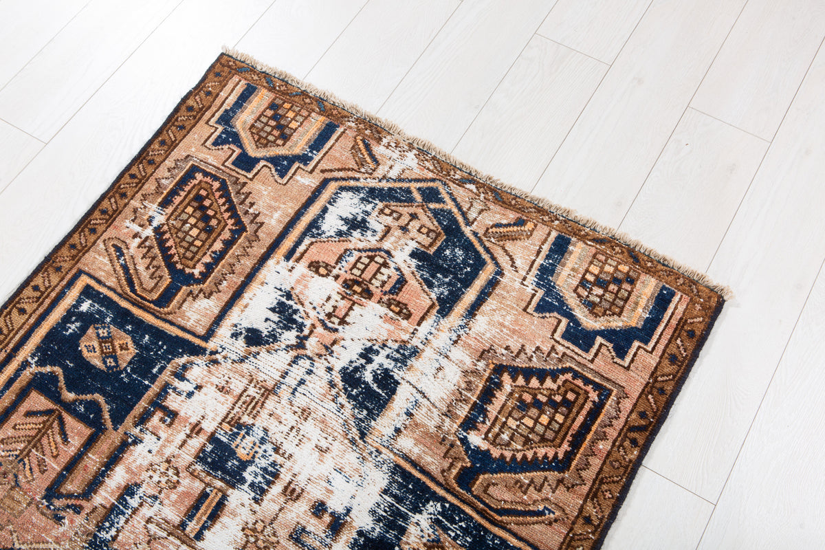Small Antique Rust & Navy Blue Rug – 5' 0" x 2' 11" (153 x 90 cm)