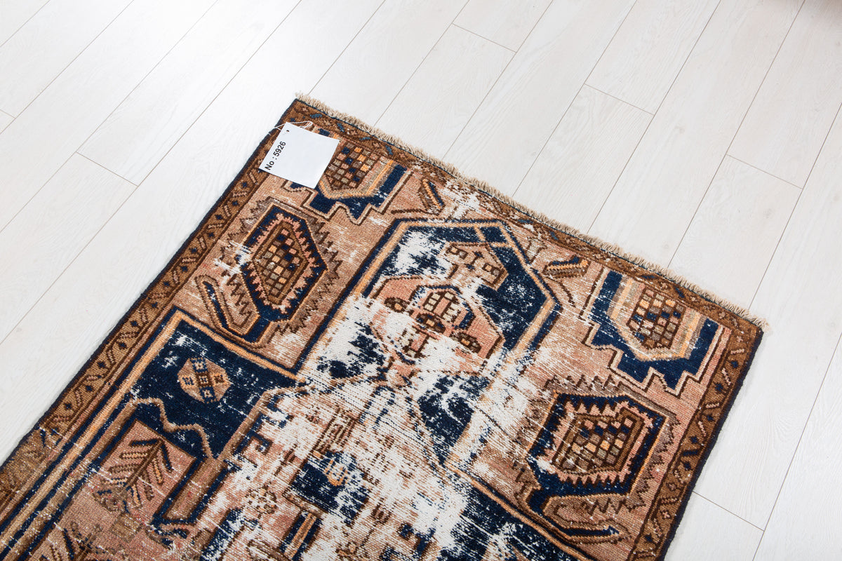 Small Antique Rust & Navy Blue Rug – 5' 0" x 2' 11" (153 x 90 cm)