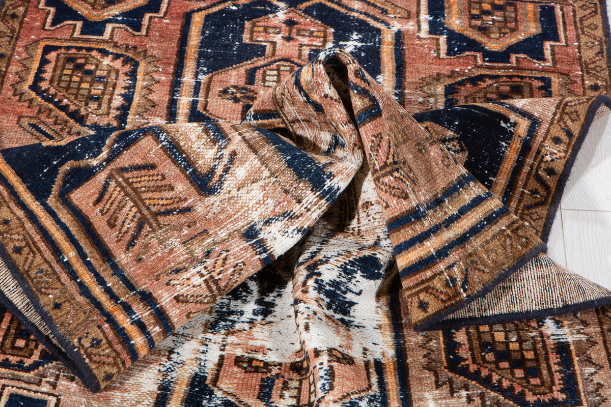 Small Antique Rust & Navy Blue Rug – 5' 0" x 2' 11" (153 x 90 cm)