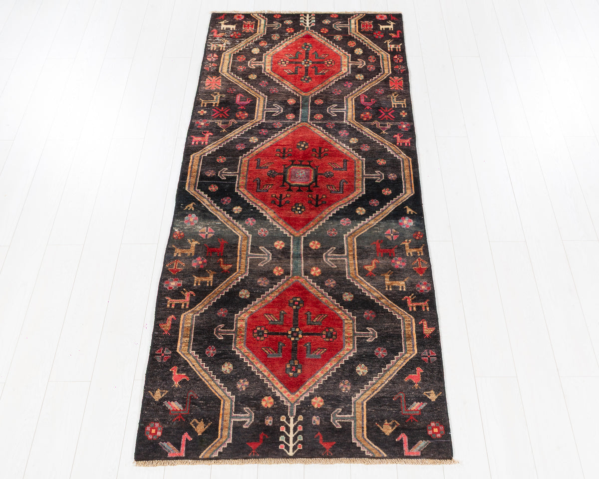 Antique Tribal Geometric Narrow Wool Hallway Runner Rug, Faded Navy Blue & Red – 8' 1" x 3' 4" (246 x 102 cm)