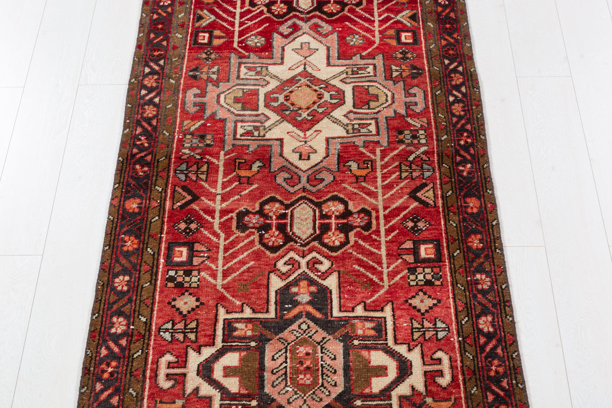 Semi-Antique Red Tribal Nomadic Narrow Hand-Knotted Wool Hallway Runner Rug – 10' 3" x 3' 1" (313 x 93 cm)