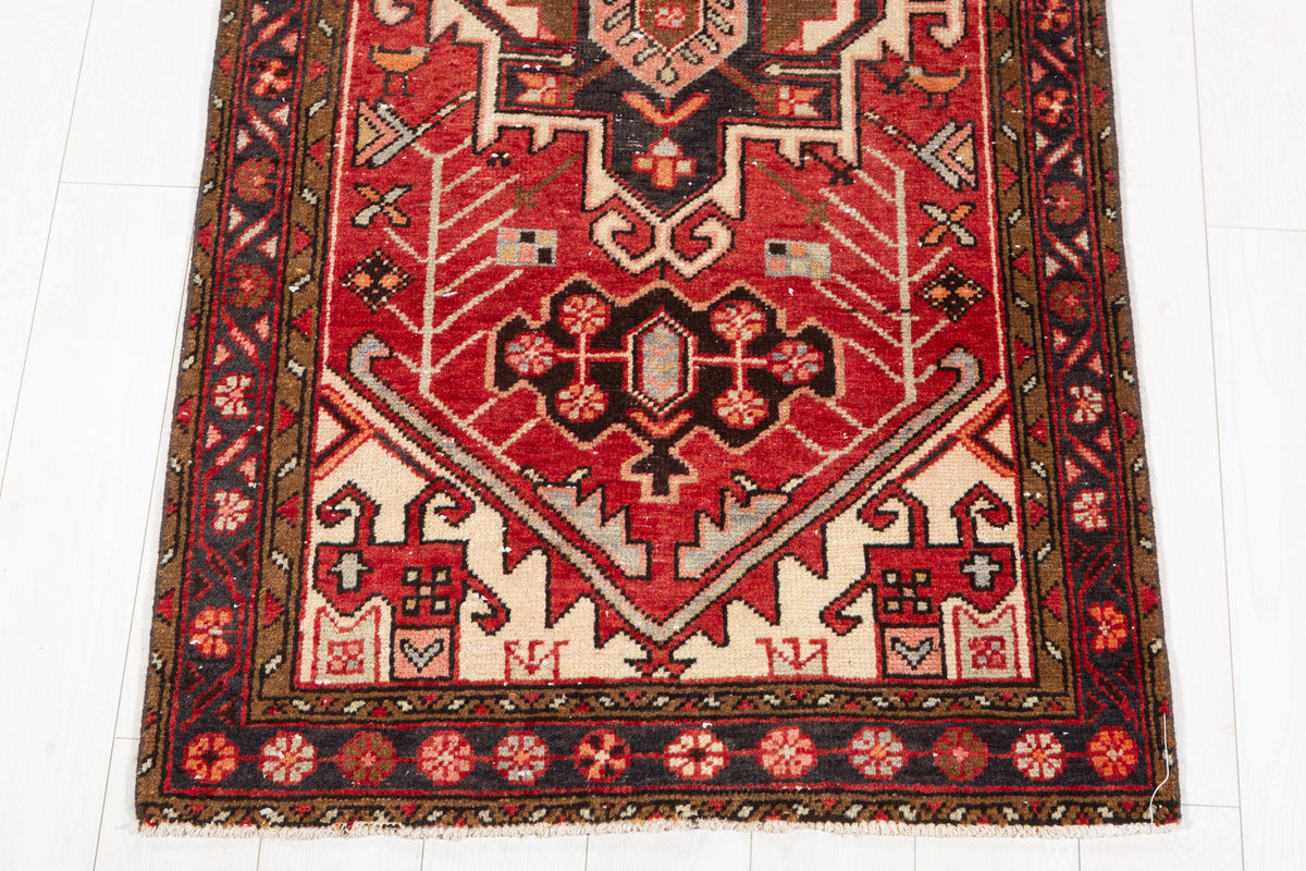 Semi-Antique Red Tribal Nomadic Narrow Hand-Knotted Wool Hallway Runner Rug – 10' 3" x 3' 1" (313 x 93 cm)