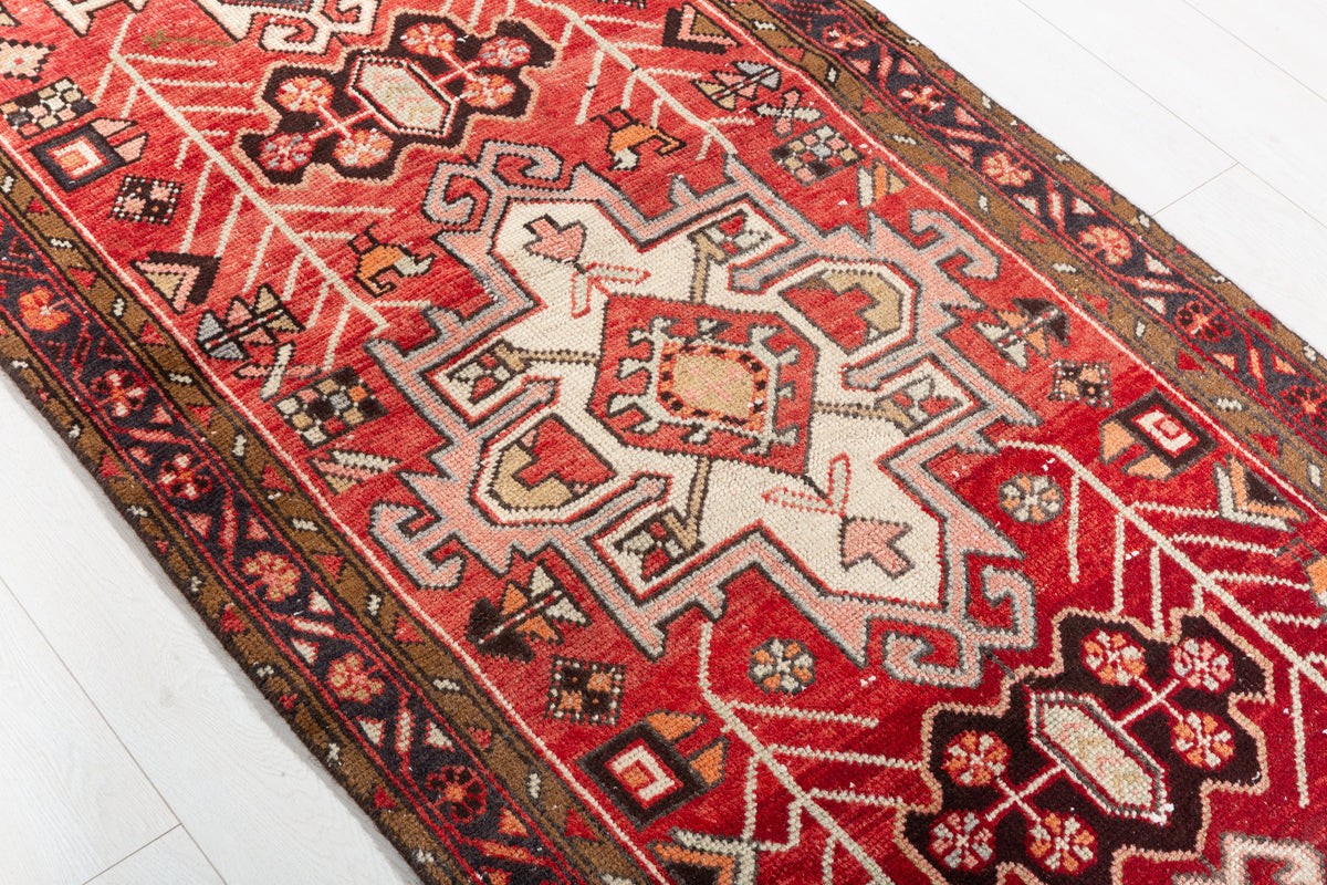 Semi-Antique Red Tribal Nomadic Narrow Hand-Knotted Wool Hallway Runner Rug – 10' 3" x 3' 1" (313 x 93 cm)