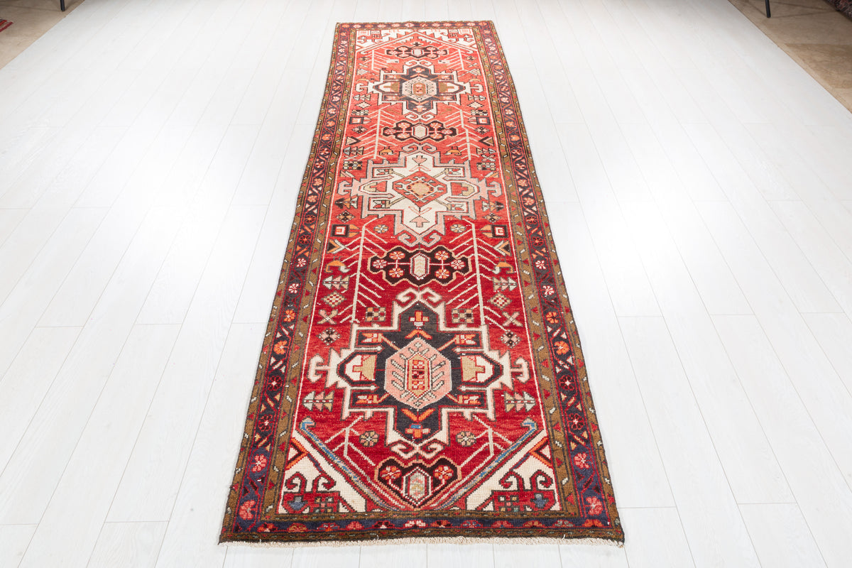Semi-Antique Red Tribal Nomadic Narrow Hand-Knotted Wool Hallway Runner Rug – 10' 3" x 3' 1" (313 x 93 cm)