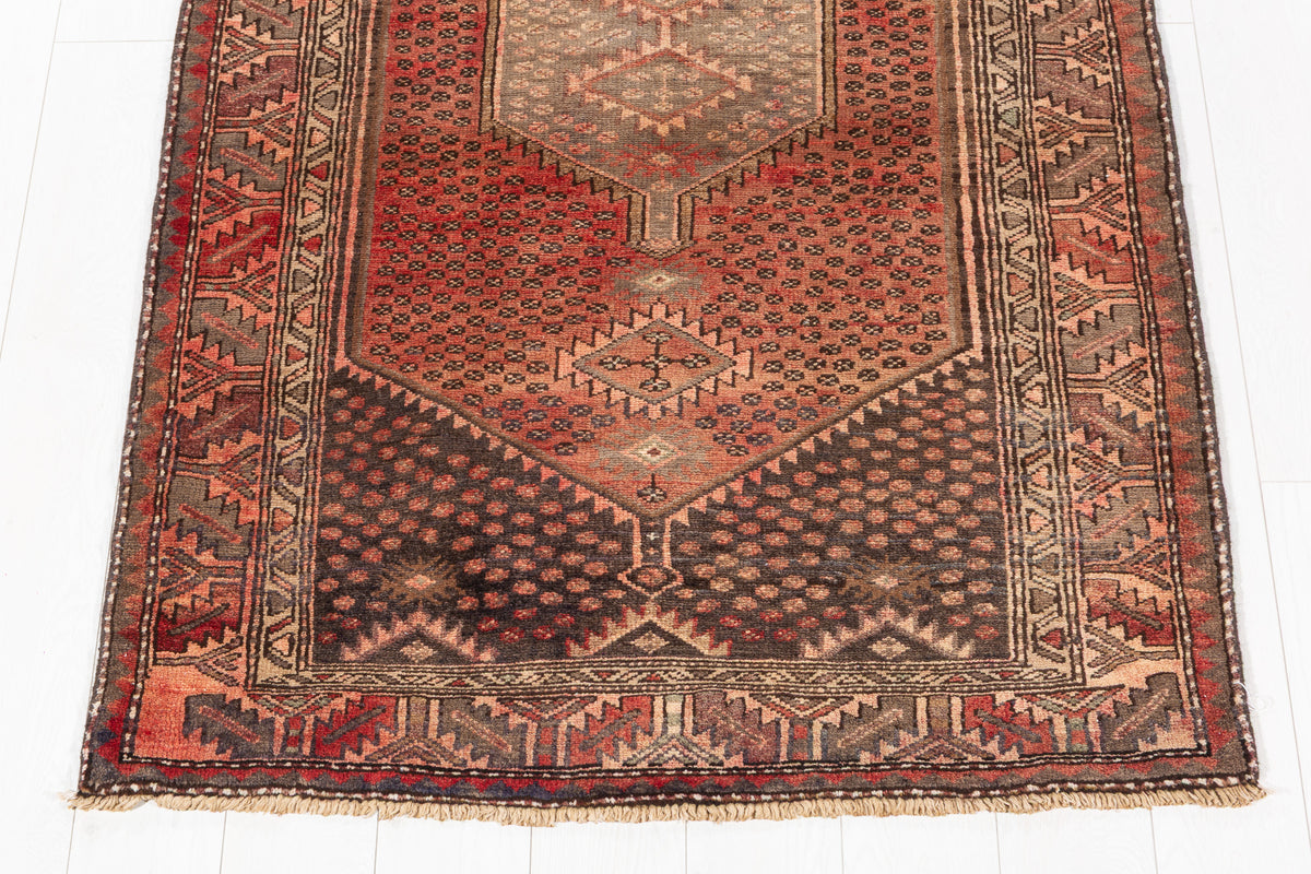 Faded Rust Red Geometric Narrow Wool Hallway Runner Rug, Muted – 9' 11" x 3' 8" (301 x 111 cm)