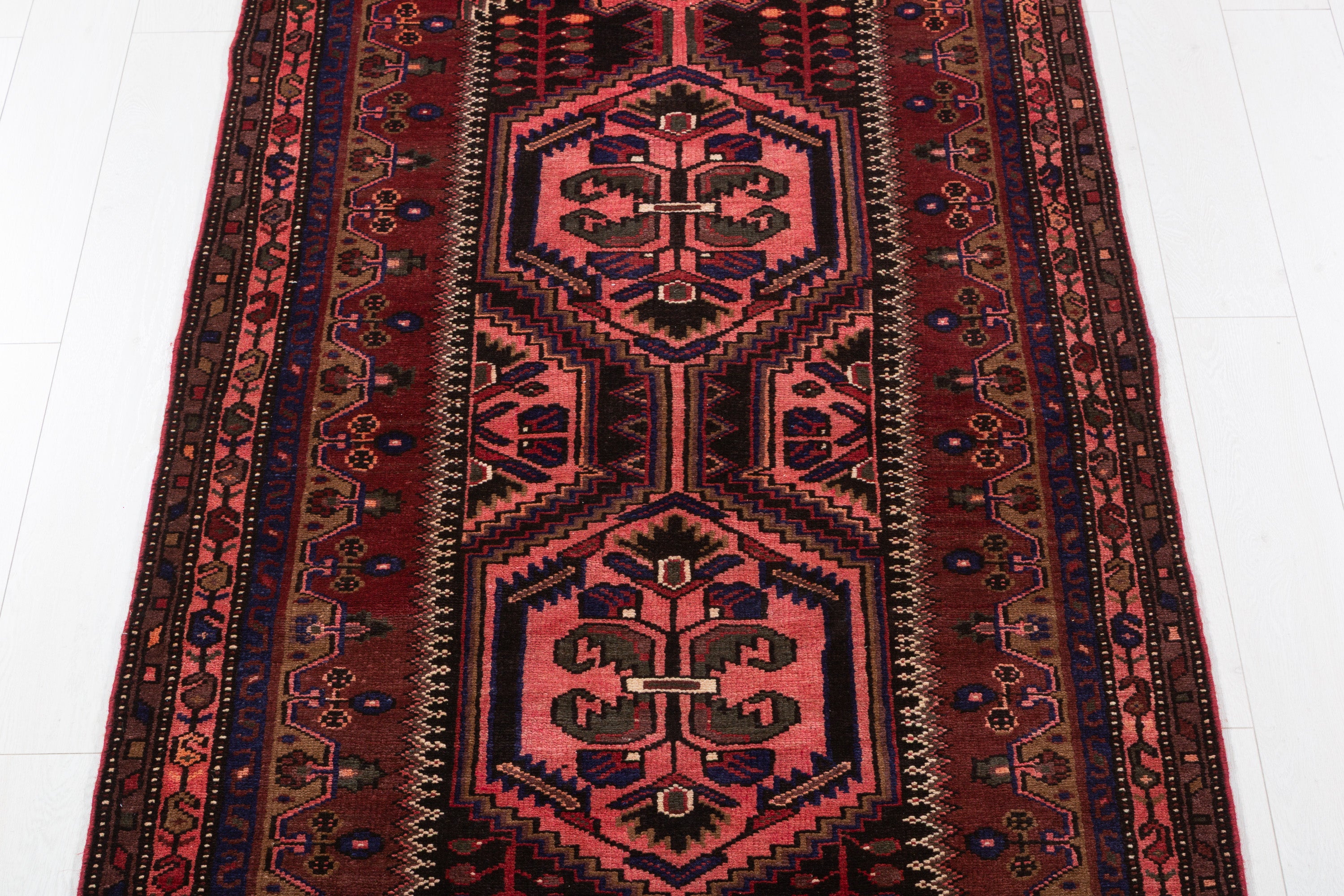 Hand-Knotted Vintage Wool Rust Red & Navy Zanjan Runner, 10 ft Long – 10' 4" x 3' 9" (315 x 114 cm)